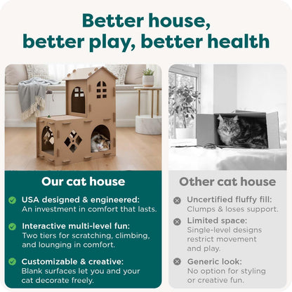 Townhouse Multi-Level Cardboard Cat House for Indoor Cats with Catnip & Toys, Double-Walled Corrugated Scratcher Designed for Lounging, Play & Comfort, One Size, Cardboard, Brown