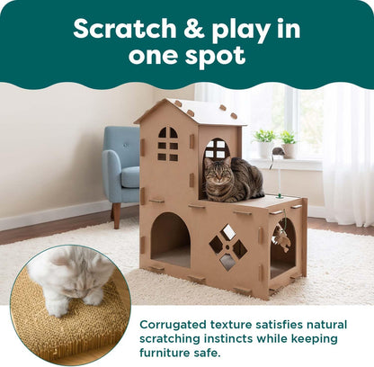 Townhouse Multi-Level Cardboard Cat House for Indoor Cats with Catnip & Toys, Double-Walled Corrugated Scratcher Designed for Lounging, Play & Comfort, One Size, Cardboard, Brown