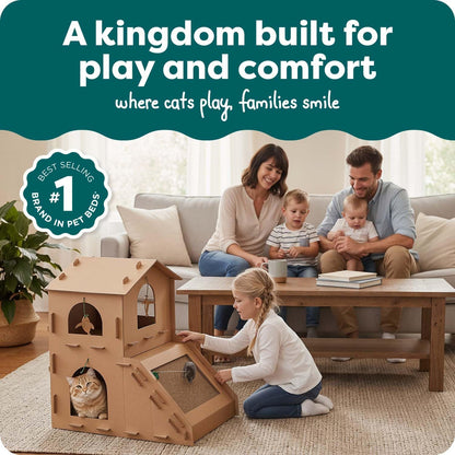 Townhouse Multi-Level Cardboard Cat House for Indoor Cats with Catnip & Toys, Double-Walled Corrugated Scratcher Designed for Lounging, Play & Comfort, One Size, Cardboard, Brown