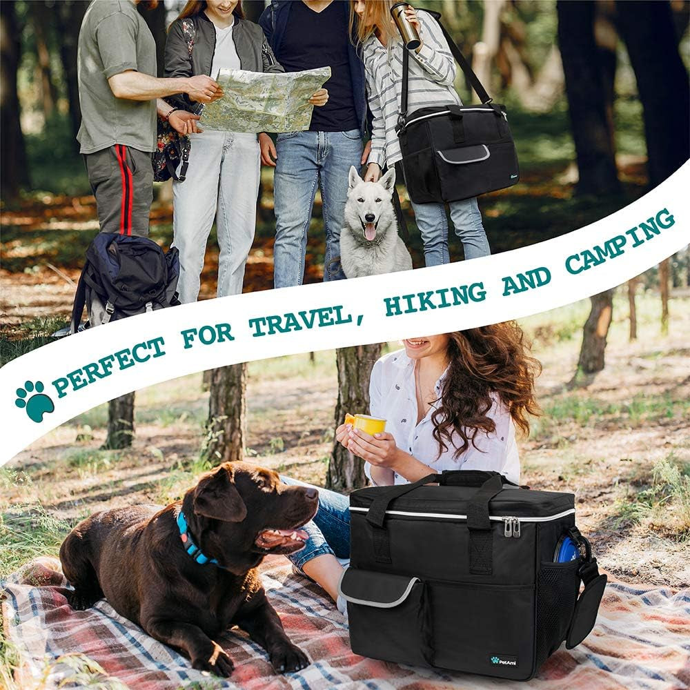 Dog Travel Bag, Travel Pet Bag Organizer, Dog Food Travel Bag with Container Collapsible Bowls, Pet Travel Supplies Gift Accessories for Weekend Camping, Puppy Cat Diaper Bag, Black Medium
