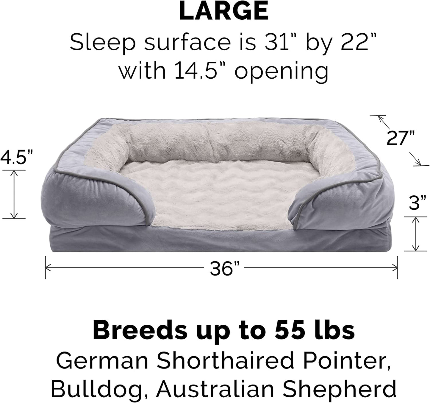 Soft, Orthopedic Foam Perfect Comfort Dog Bed with Washable & Removable Cover -Velvet Waves - Granite Gray, Dogs up to 55 Lbs - Large