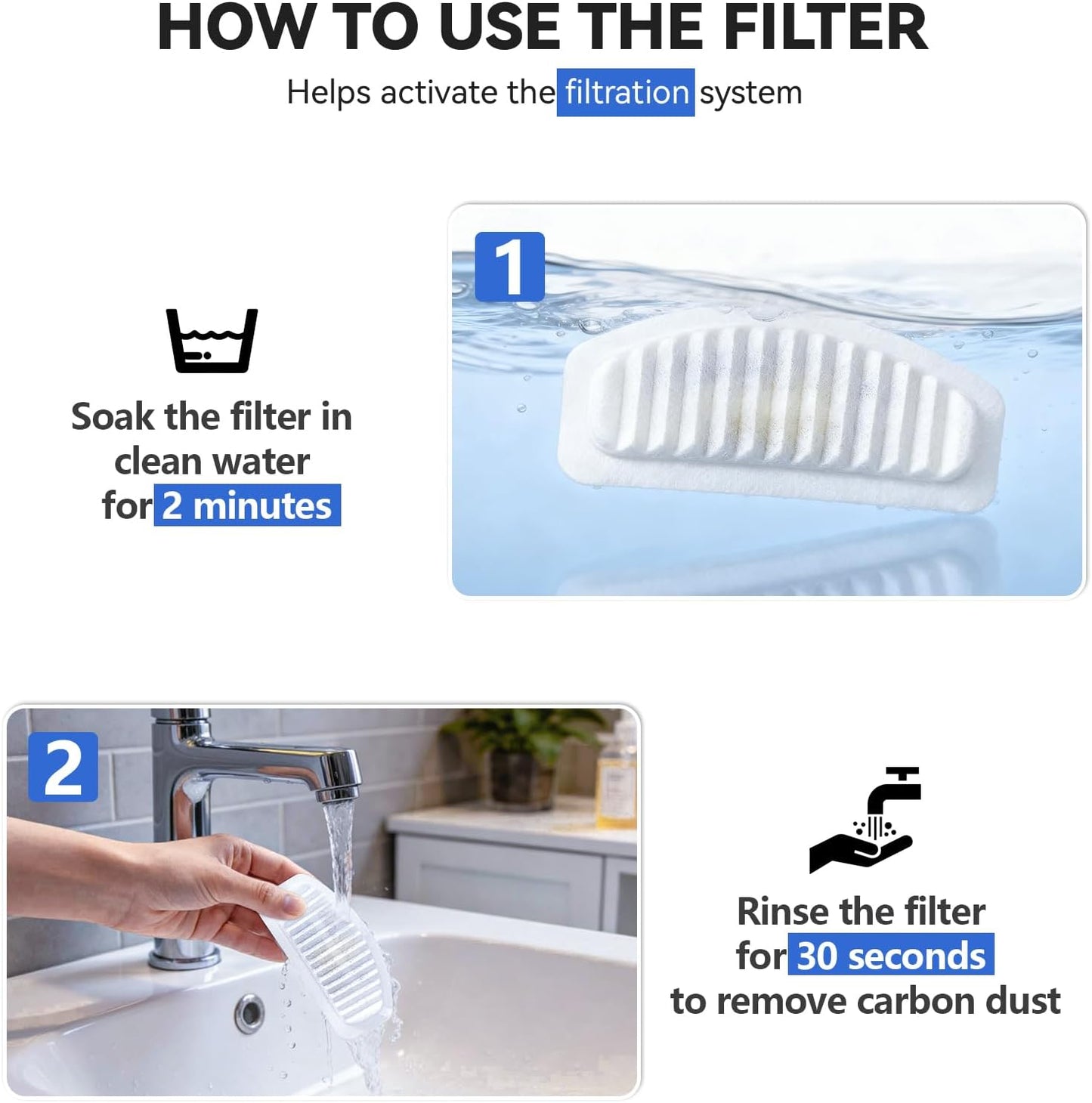 Cat Water Fountain Filters,  Replacement Filters Carbon, Resin Filter ONLY for D30 67Oz/2L Automatic Cat Fountain Dog Water Dispenser, 4 Filtration System (6 PCS Filters）