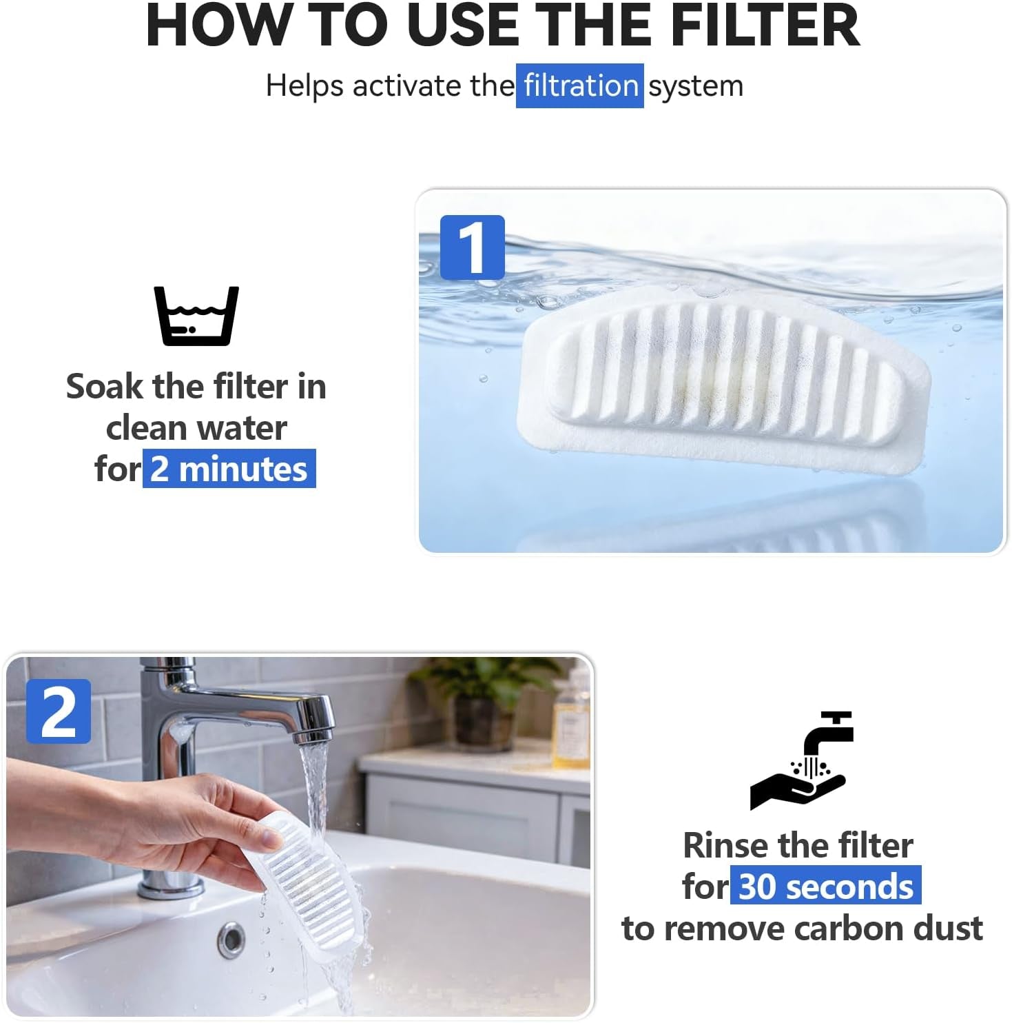 Cat Water Fountain Filters,  Replacement Filters Carbon, Resin Filter ONLY for D30 67Oz/2L Automatic Cat Fountain Dog Water Dispenser, 4 Filtration System (6 PCS Filters）